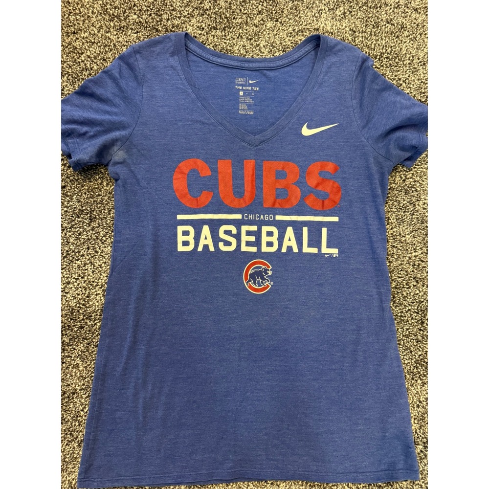 Nike Chicago Cubs MLB Baseball T-Shirt Womens Small Blue V-Neck Tri-Blend Tee